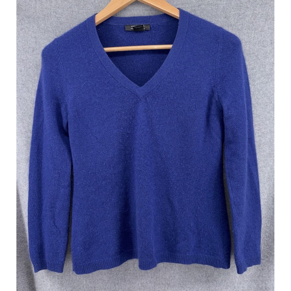 Ann Taylor Women's Medium Petite Blue 100% Cashmere V Neck Sweater